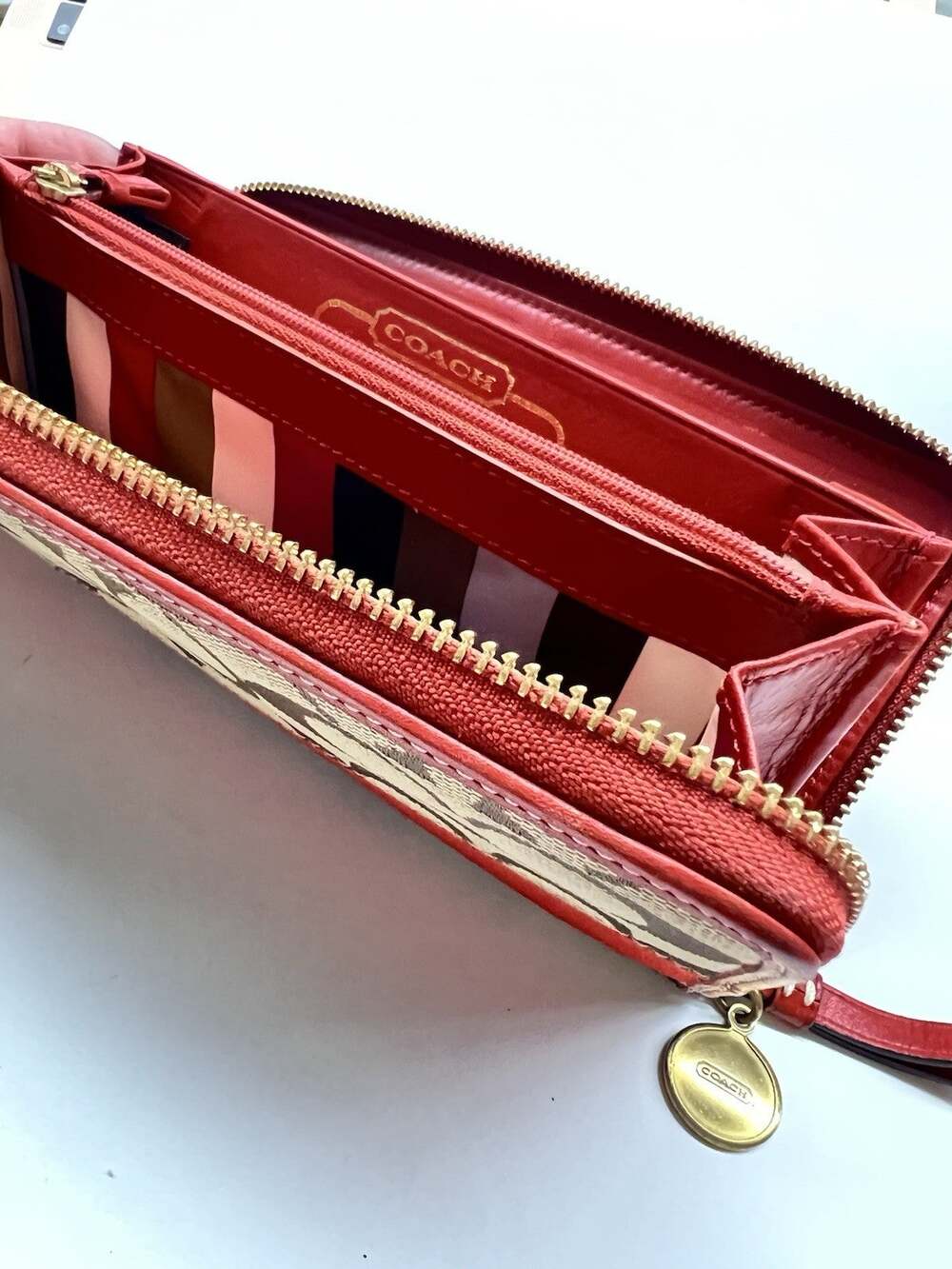 Vintage COACH Legacy Lining Heritage Signature Stripe Wallet Red Orange